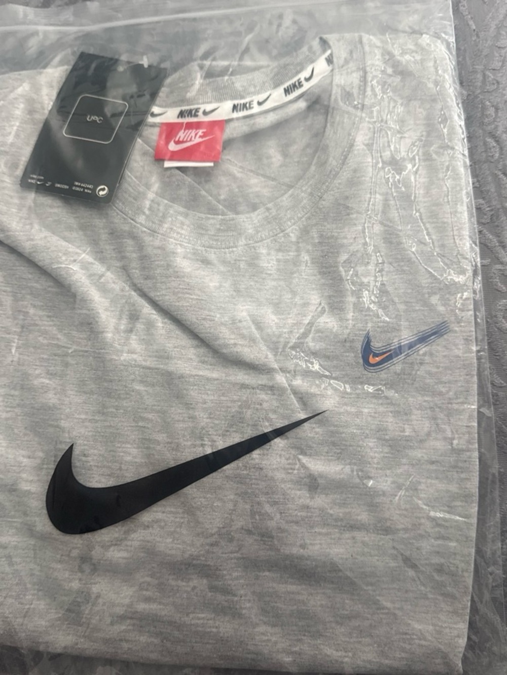 Nike Men's Light Gray Short Sleeve Tee with Black & Blue Swooshes
